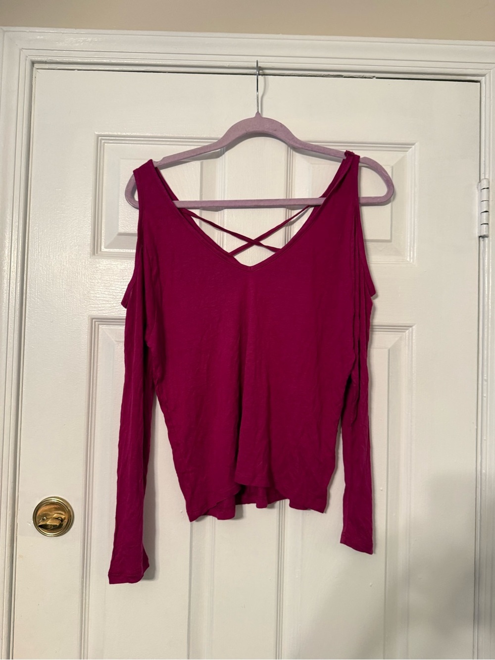 Express Women's Magenta Cold-Shoulder Long-Sleeve Top with Crisscross Back